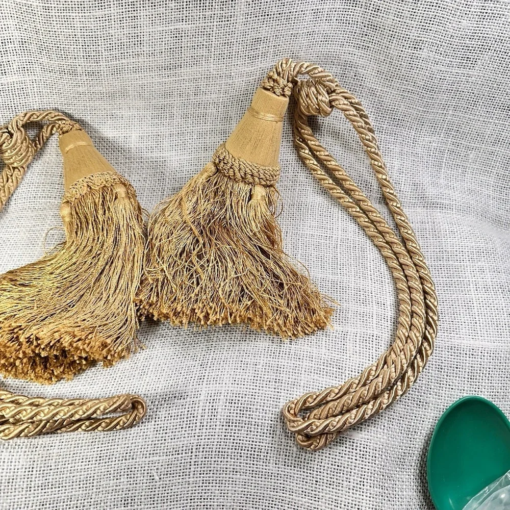 Gold Curtain Tassel Tiebacks Pair Braided Rope Drapery Holdbacks 23
